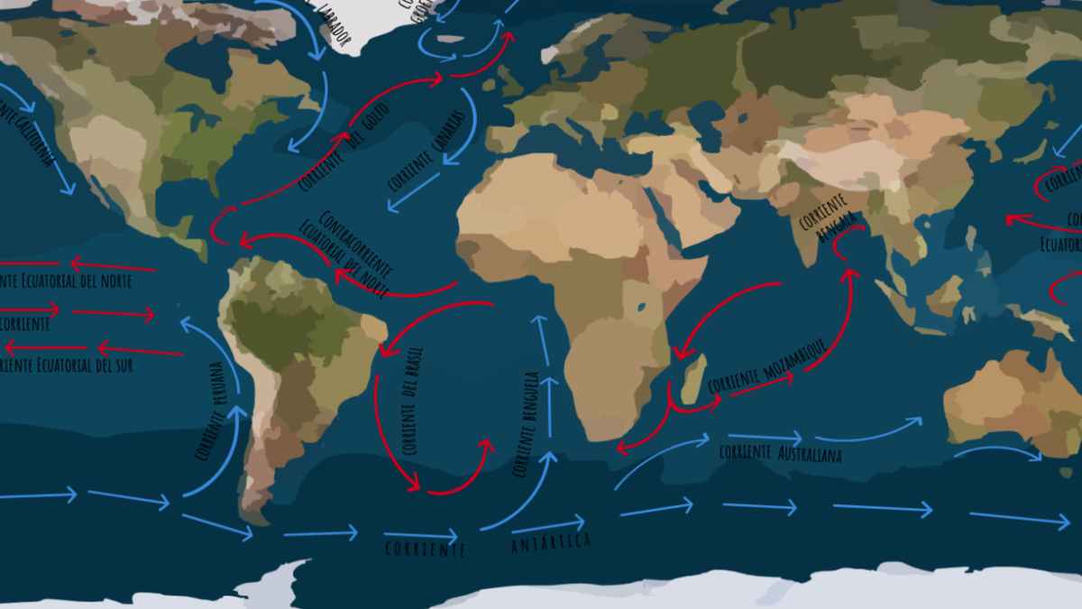 Circulación oceánica mundial mostrando las corrientes marinas involucradas en el posible colapso oceánico por calentamiento global.
