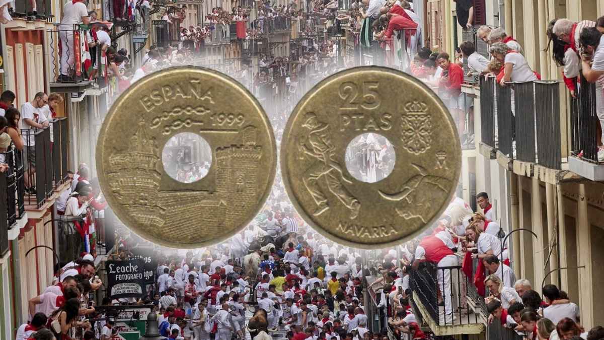 Moneda de 25 pesetas de 1999 dedicada a San Fermín, con fondo del encierro en Pamplona