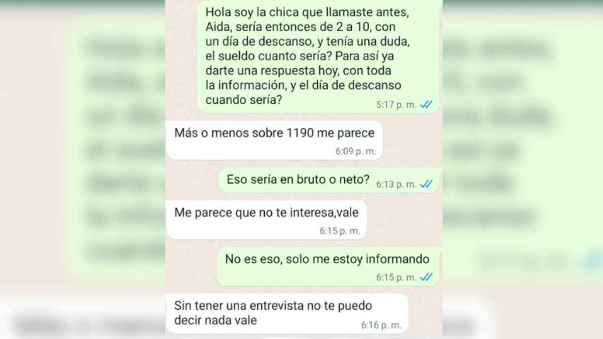 Captura de WhatsApp entre hostelero y camarera sobre el sueldo de 1190 euros