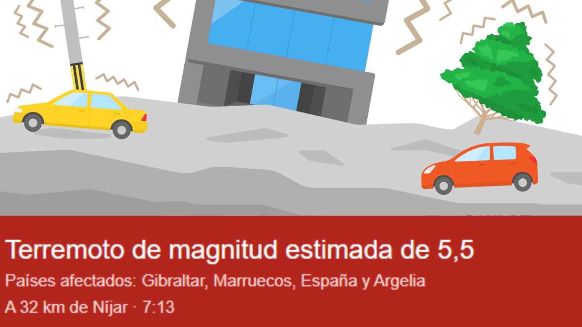 Mapa que muestra el epicentro del terremoto de magnitud 5,5 cerca de Níjar y su área de impacto en España, Marruecos, Argelia y Gibraltar.