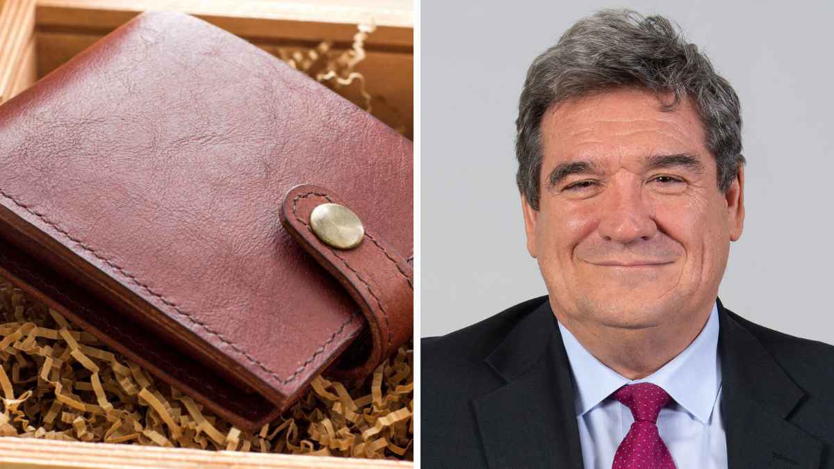 Montaje con billetera de piel marrón y hombre con traje; el Banco de España encarga 4.000 billeteras para empleados por 99.220 euros