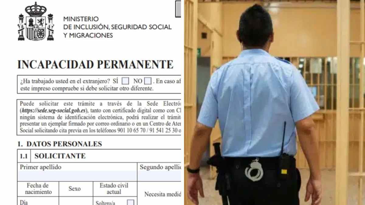 Formulario de incapacidad permanente de la Seguridad Social y un funcionario de prisiones de espaldas en un módulo