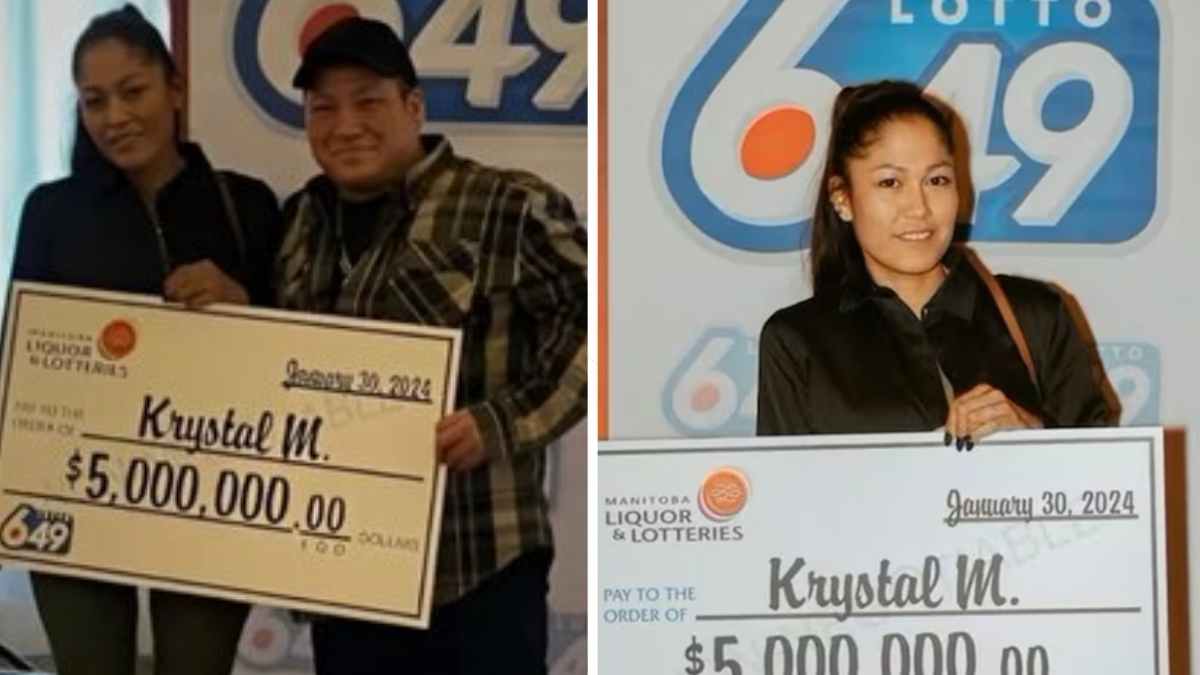 Pareja canadiense posando con cheque de lotería antes de que la novia huyera con los 3 millones de euros
