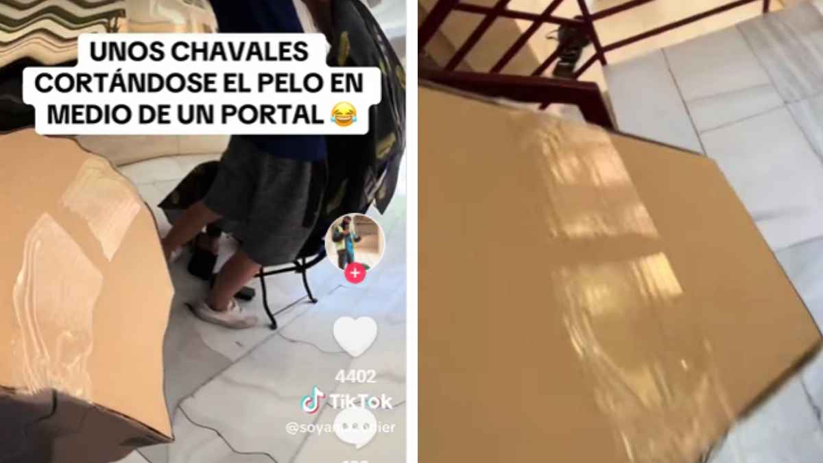 Repartidor sorprendido al ver a dos jóvenes cortándose el pelo frente al espejo del portal de una comunidad de vecinos en Madrid