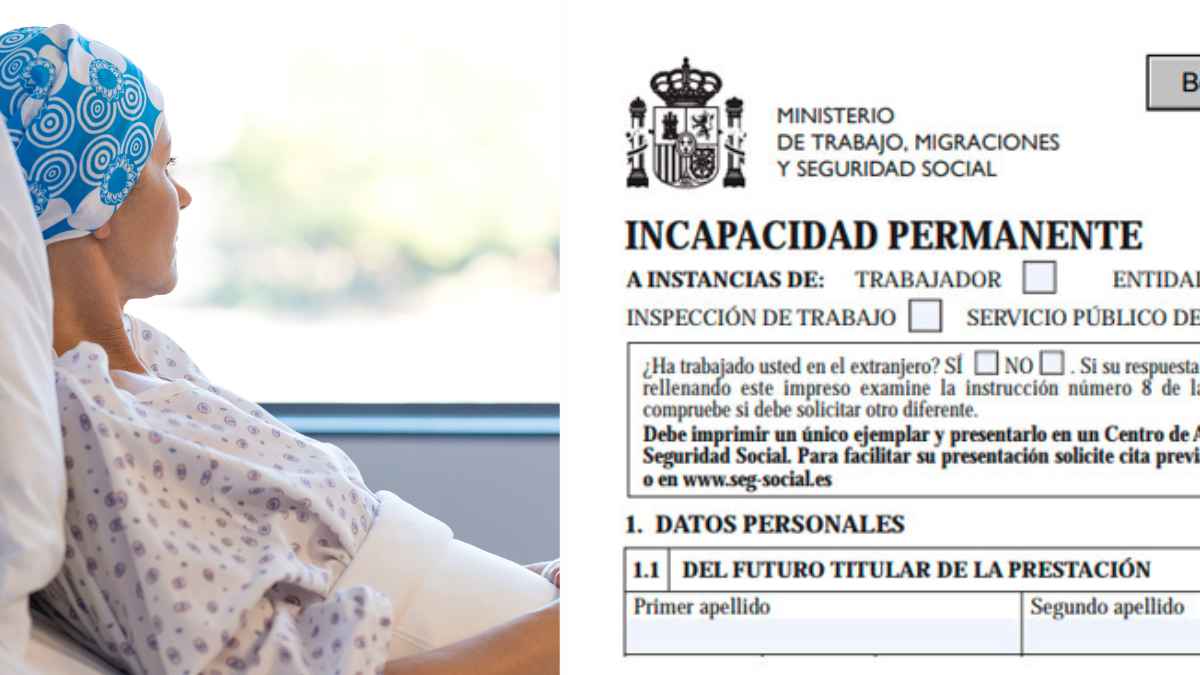 Mujer con cáncer en hospital junto a formulario de incapacidad permanente de la Seguridad Social
