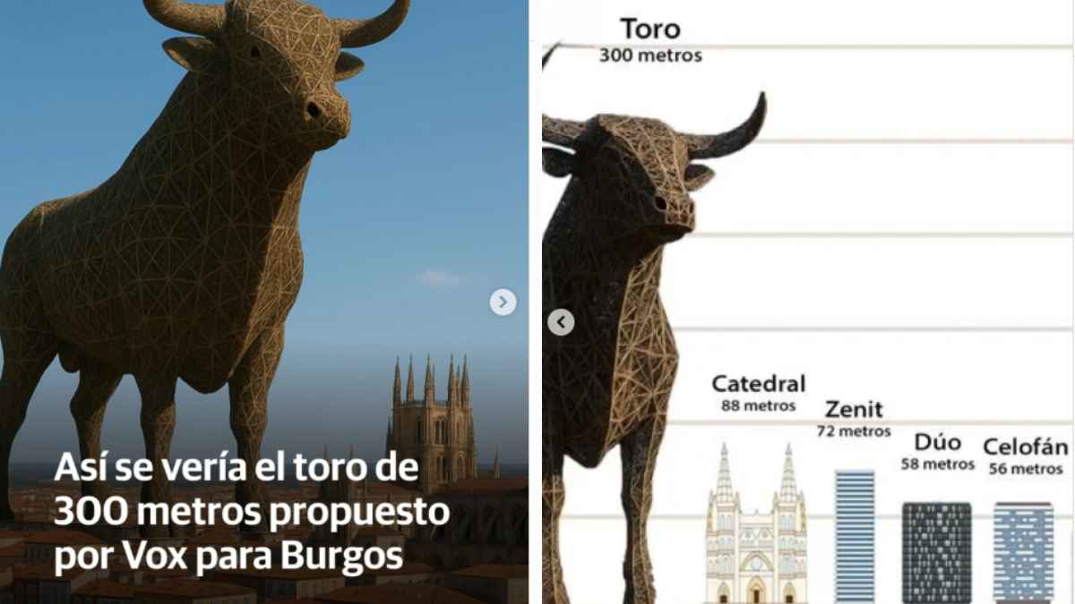 Toro gigante de 300 metros propuesto por Vox en Burgos comparado con la Catedral y otros edificios