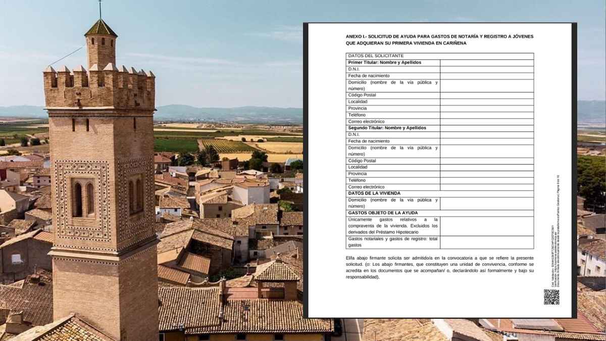Formulario de ayudas municipales para jóvenes que compren su primera vivienda en Cariñena junto a vista del municipio
