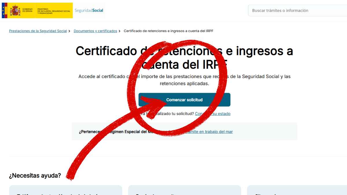 Pantalla de la Seguridad Social para solicitar el certificado de IRPF con el botón Comenzar solicitud destacado