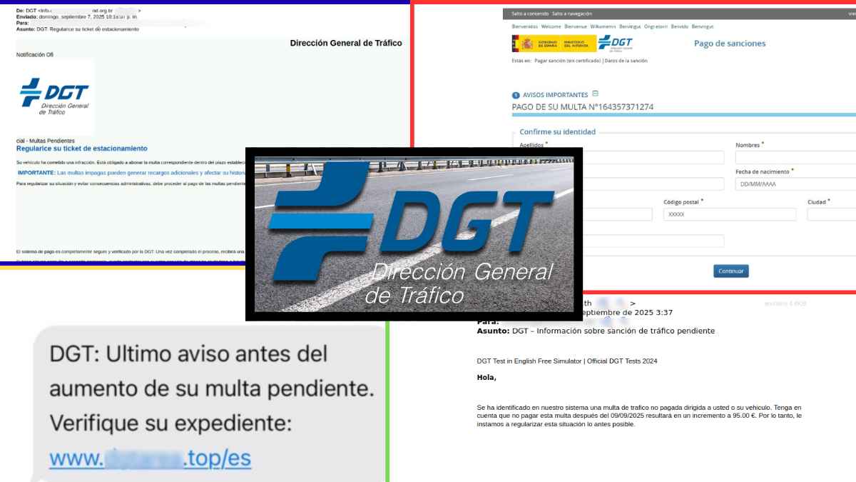 Ejemplo de correos y SMS falsos que suplantan a la DGT para cobrar multas de tráfico inexistentes
