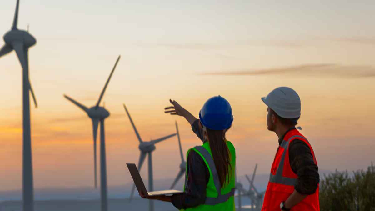 Trabajadores observando aerogeneradores en Galicia durante cursos gratuitos de Naturgy para impulsar empleo en energía eólica