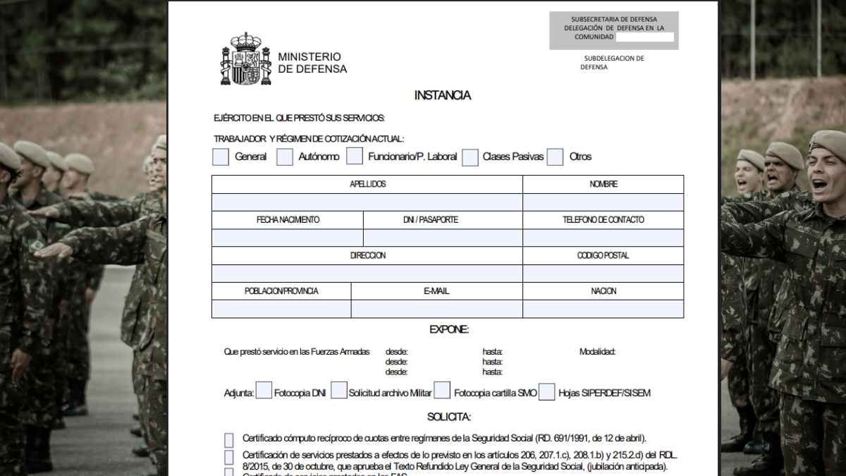 Formulario del Ministerio de Defensa para acreditar servicio militar obligatorio en la pensión de jubilación anticipada