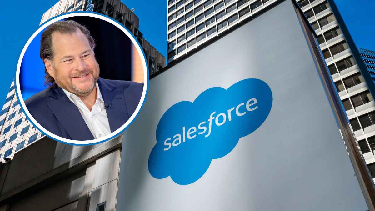 Edificio de Salesforce con logotipo y su presidente en montaje fotográfico