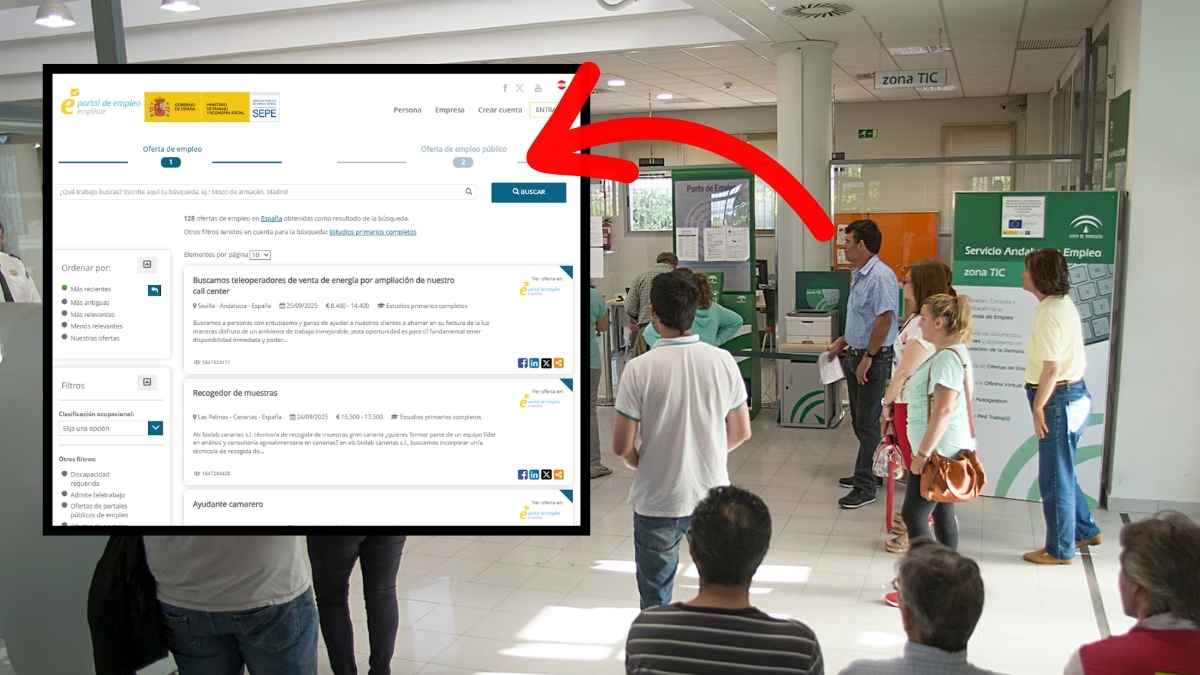 Personas en oficina del SEPE consultando 128 ofertas de empleo para candidatos con estudios primarios y sin experiencia