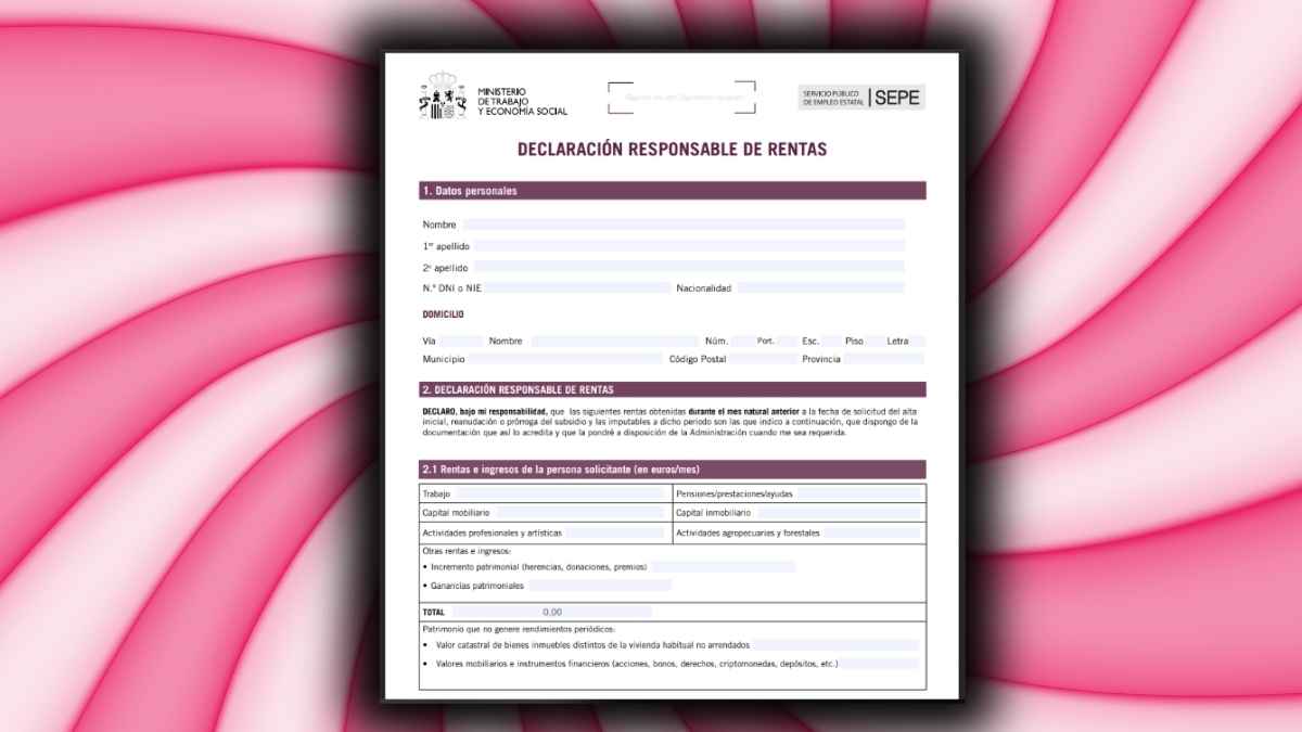 Formulario declaración responsable rentas SEPE para subsidio por desempleo