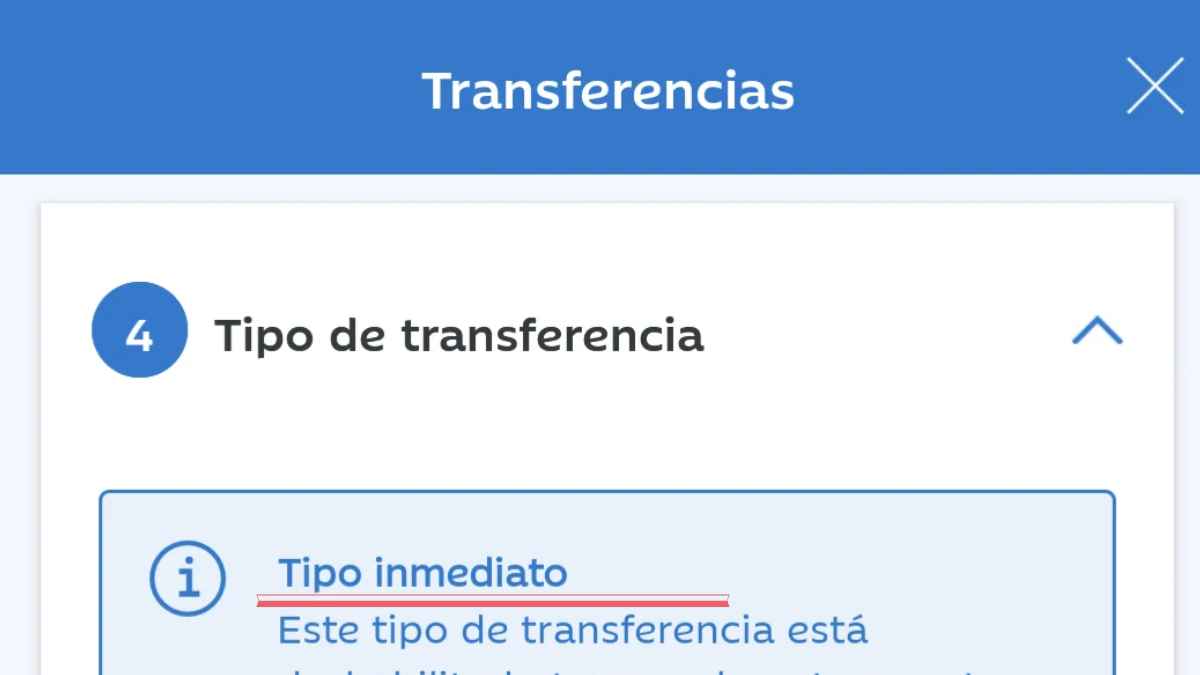 Pantalla bancaria con opción de transferencia inmediata en España