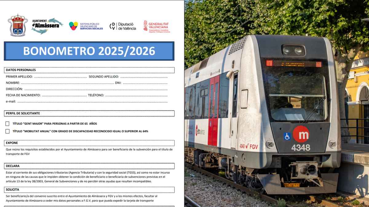 Formulario de solicitud de las ayudas Bonometro 2025-2026 del Ayuntamiento de Almàssera junto a un tren de FGV en Valencia
