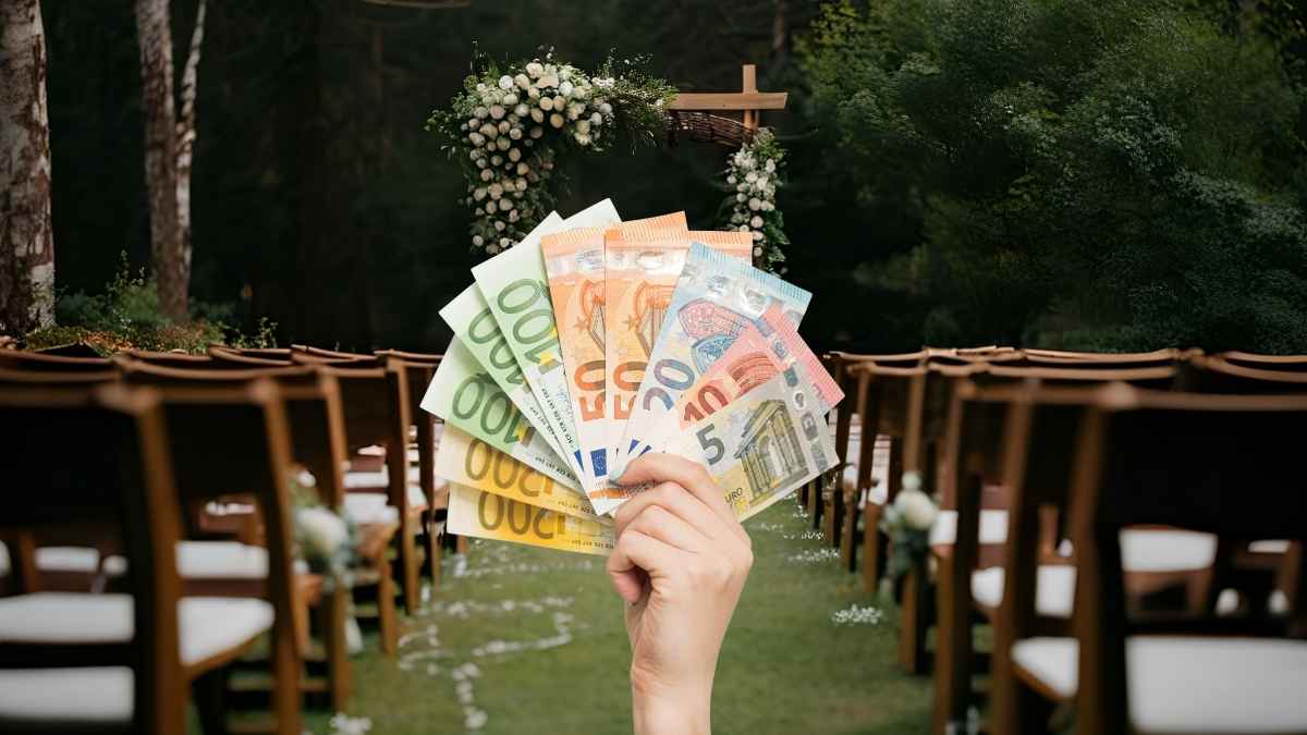 Mano con billetes de euro en una boda representando la pensión de viudedad por matrimonio inferior a un año