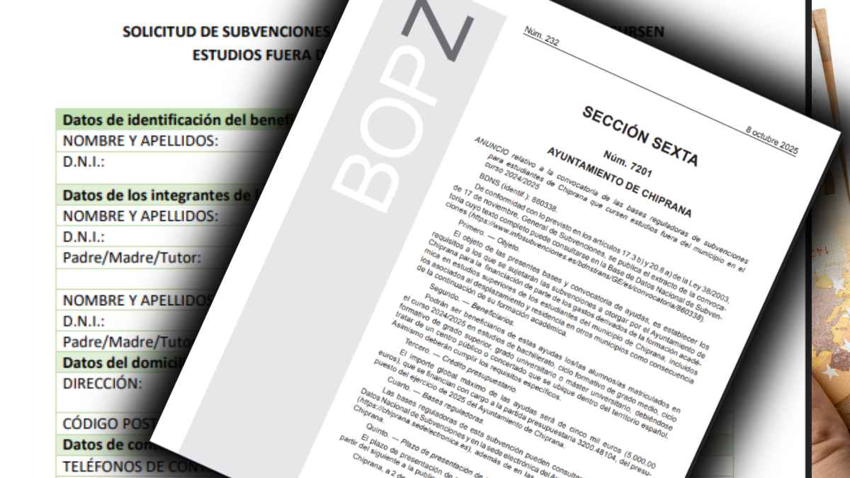 Documento oficial del Ayuntamiento de Chiprana sobre la convocatoria de ayudas para transporte, alojamiento y matrícula de estudiantes 2024 2025