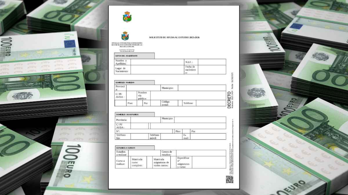 Solicitud de ayuda al estudio 2025-2026 del Ayuntamiento de Breña Baja sobre fondo de billetes de cien euros