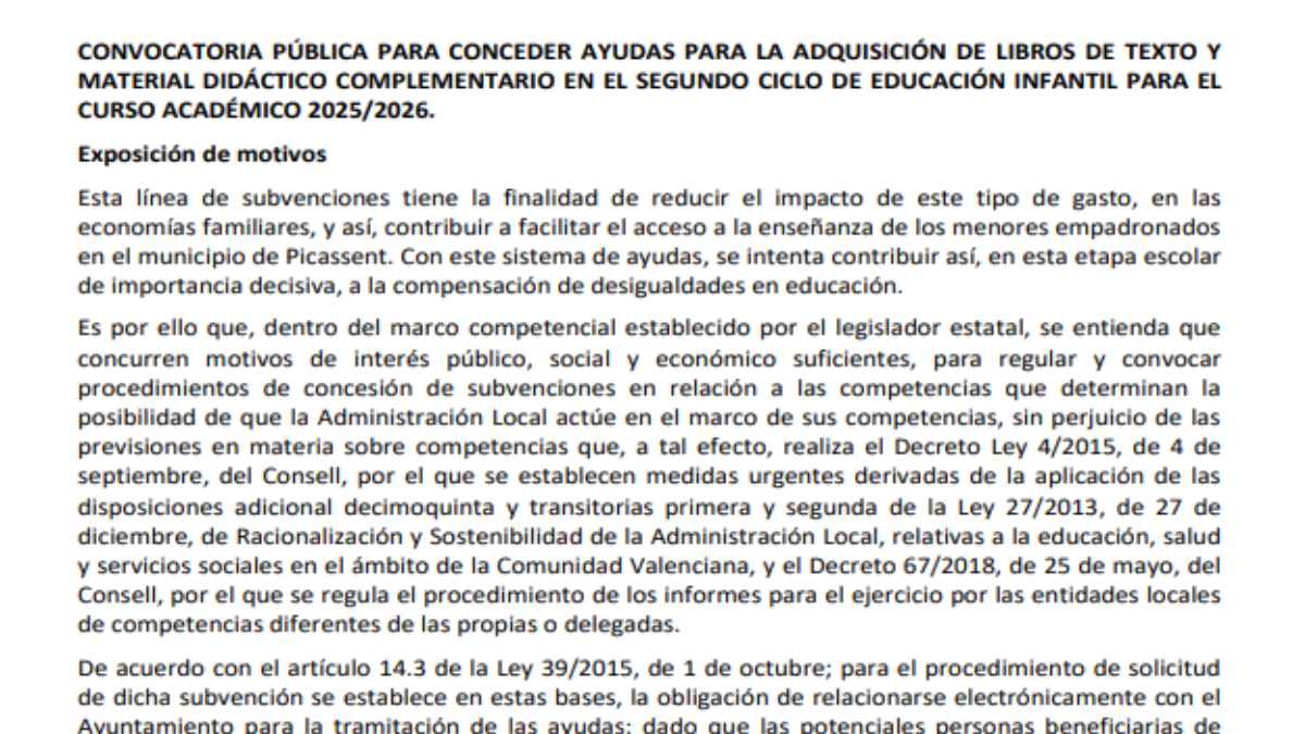 Documento oficial de la convocatoria de ayudas para libros de texto y material didáctico del segundo ciclo de Educación Infantil en Picassent curso 2025 2026