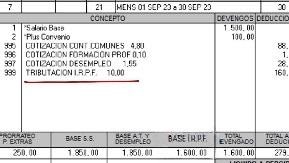 Ejemplo de nómina con deducciones por cotizaciones y retención del IRPF afectadas por el nuevo mecanismo del Gobierno en 2026