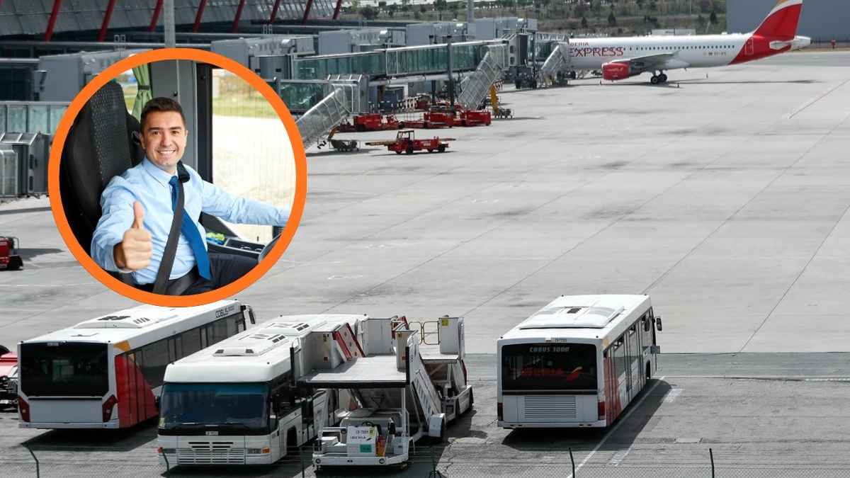 Autobuses en la pista del Aeropuerto Adolfo Suárez Madrid-Barajas utilizados para el traslado de pasajeros entre terminales y aviones.