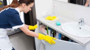 Empleada del hogar limpiando un baño mientras se aplican los nuevos derechos laborales aprobados por el Gobierno desde enero de 2026