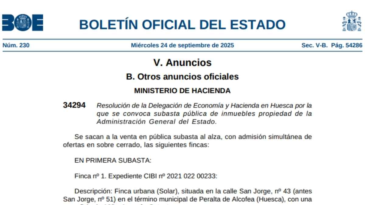 Captura del Boletín Oficial del Estado con el anuncio de la subasta de fincas rústicas publicada por Hacienda en Huesca.