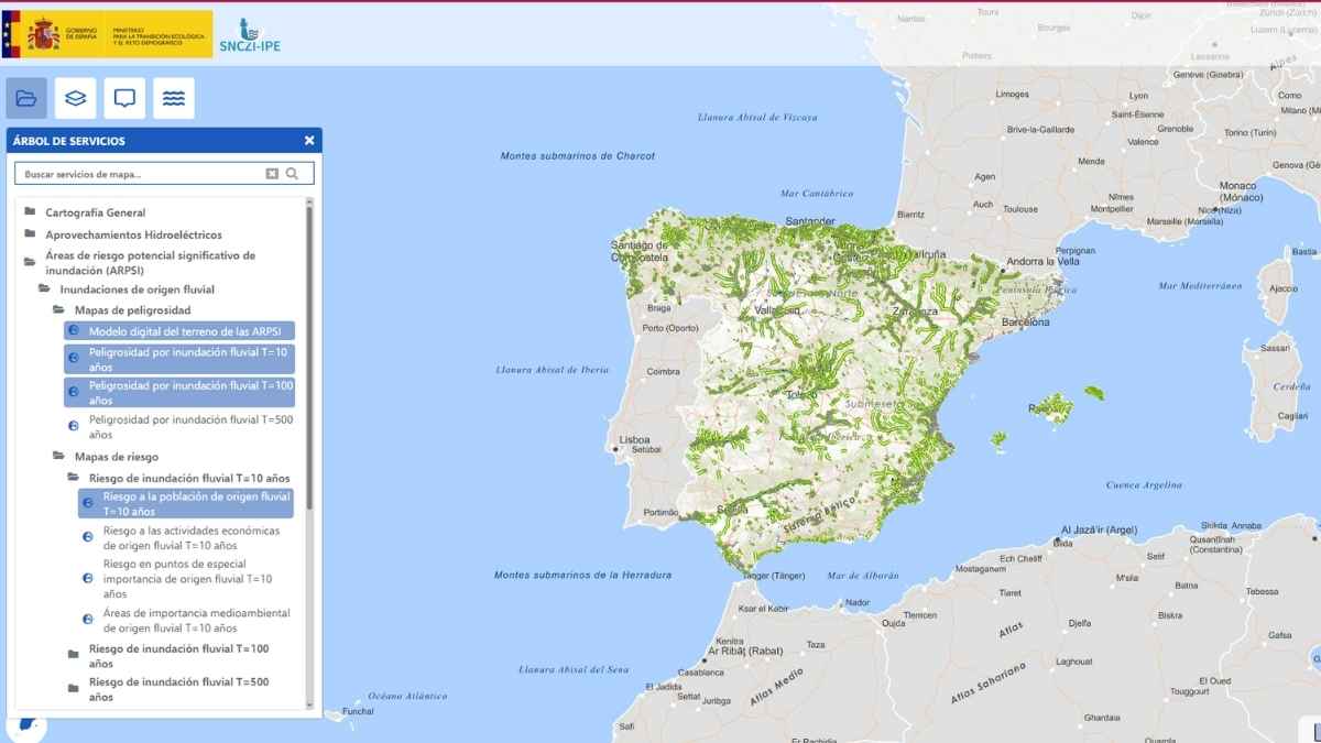 Mapa oficial del Gobierno de España con zonas de riesgo de inundación por crecidas de ríos