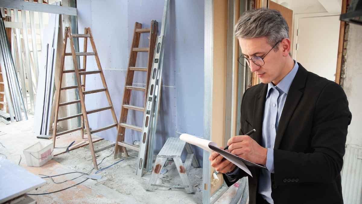 Inspector municipal revisando una vivienda en obras durante una inspección sin permiso del propietario en Murcia