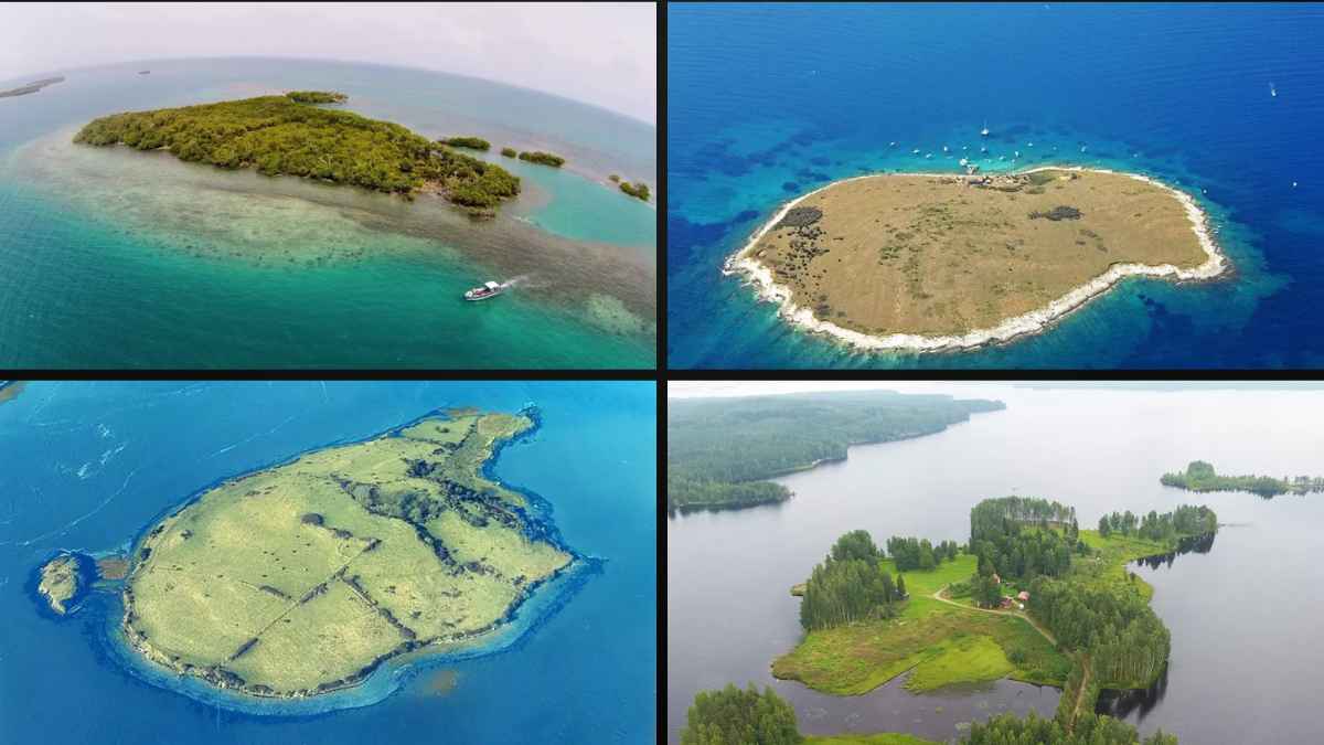 Vistas aéreas de distintas islas privadas en venta en el mundo con paisajes naturales y aguas cristalinas.
