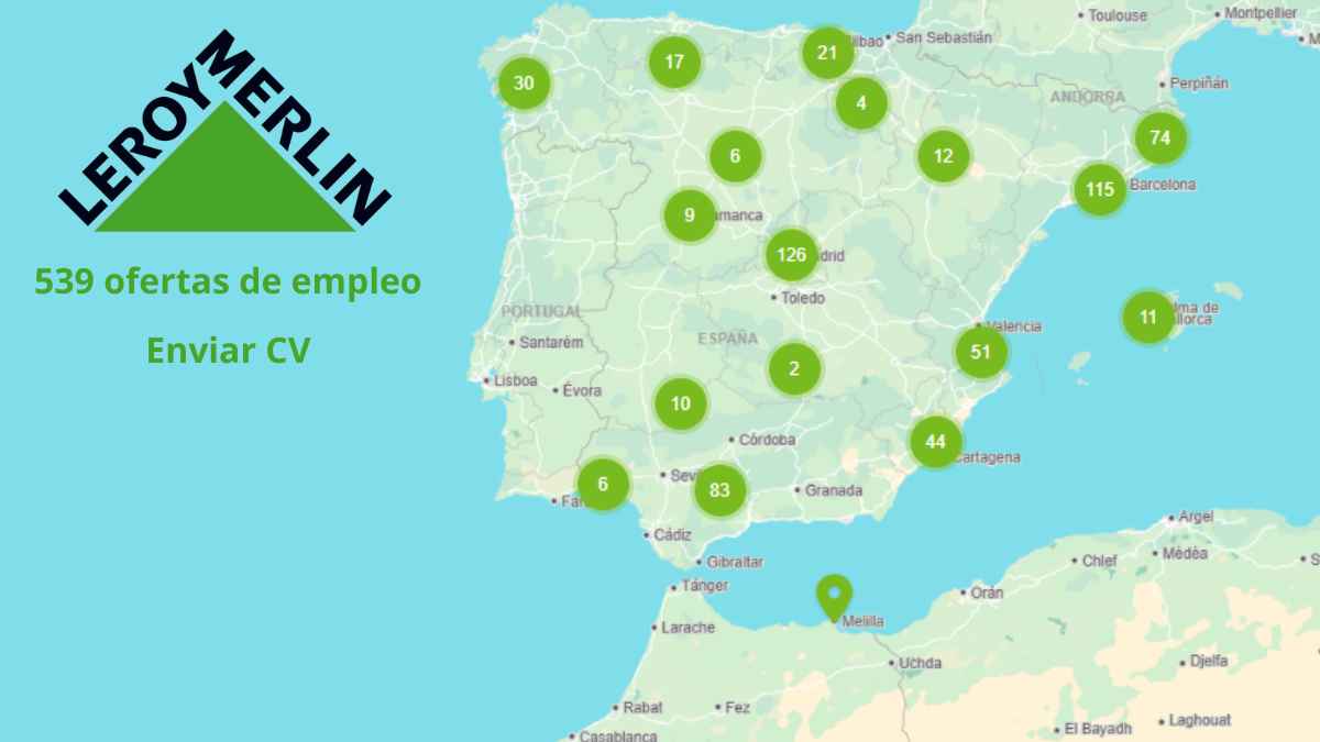 Mapa de España con las 539 ofertas de empleo de Leroy Merlin con contrato indefinido y sueldos desde 1.367 euros al mes.