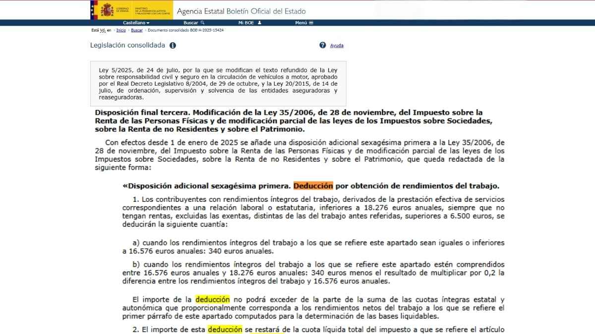 Texto del BOE sobre la Ley 5/2025 con deducción fiscal para trabajadores con rentas inferiores a 18.276 euros