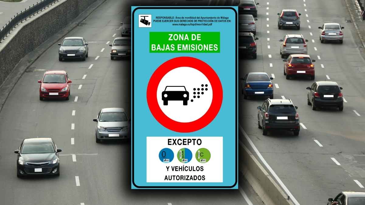 Señal de Zona de Bajas Emisiones en carretera con coches en Madrid