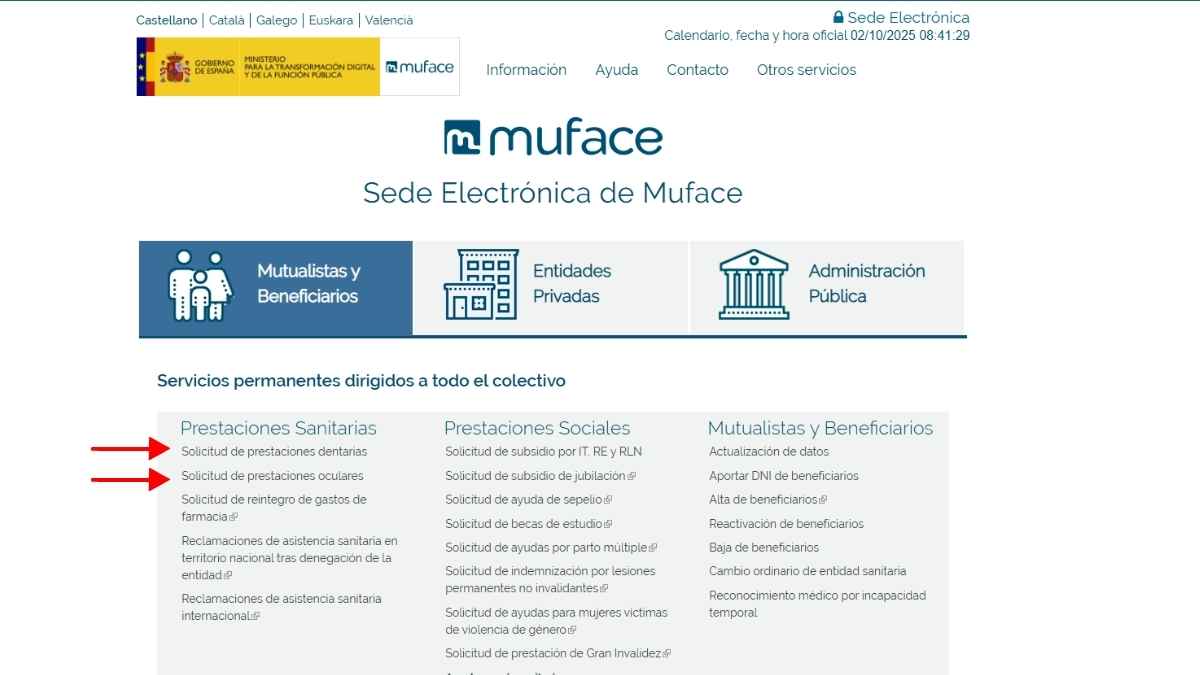 Pantalla de la sede electrónica de MUFACE para solicitar ayudas dentales y ópticas en octubre 2025