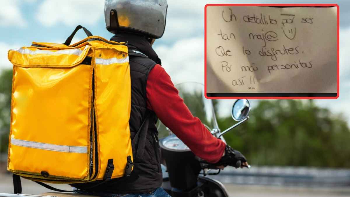 Repartidora con mochila amarilla en moto y nota de agradecimiento por un pedido entregado con retraso