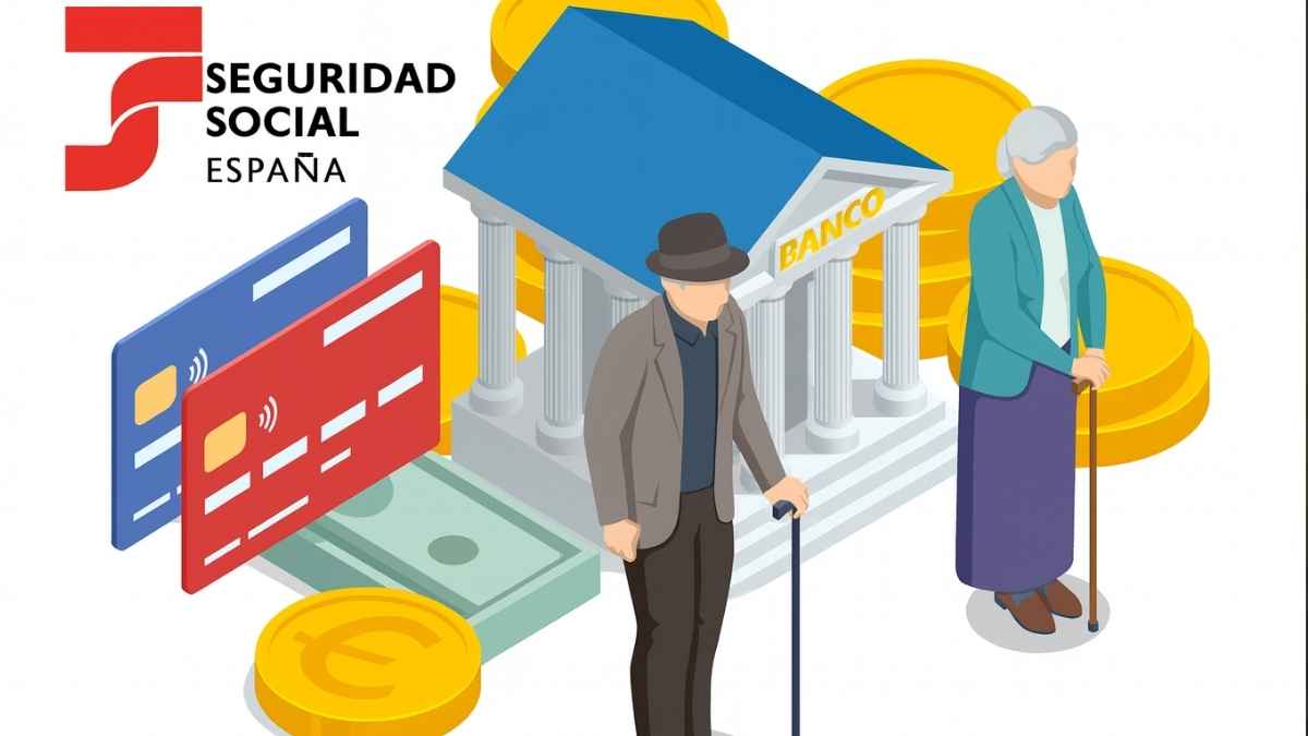 Personas mayores frente a un banco con el logo de la Seguridad Social y símbolos del euro representando las pensiones en España