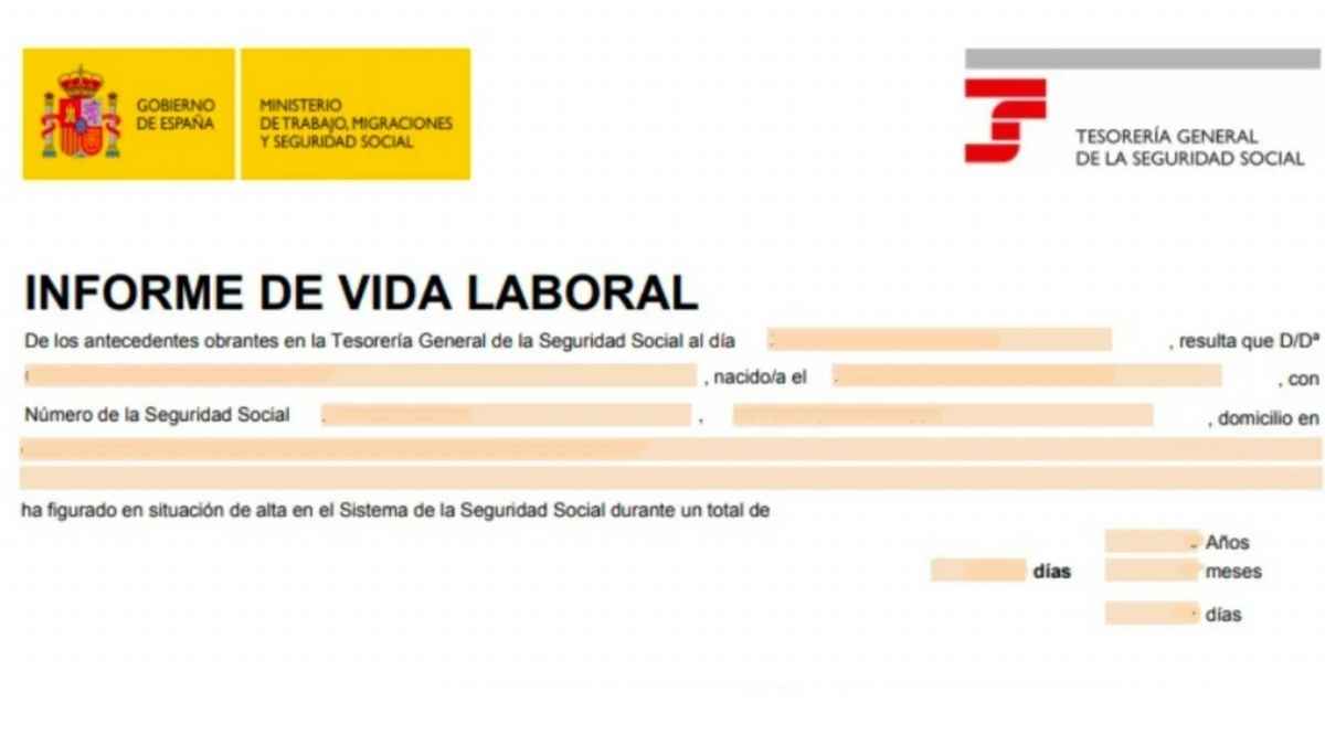 Ejemplo del informe de vida laboral emitido por la Tesorería General de la Seguridad Social para consultar cotizaciones y días trabajados