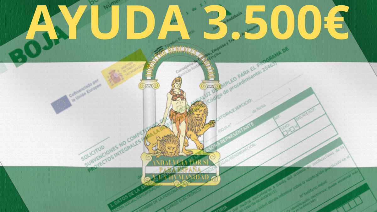 Ayuda de 3.500 euros del SAE con bandera de Andalucía y formulario del programa T-Acompañamos