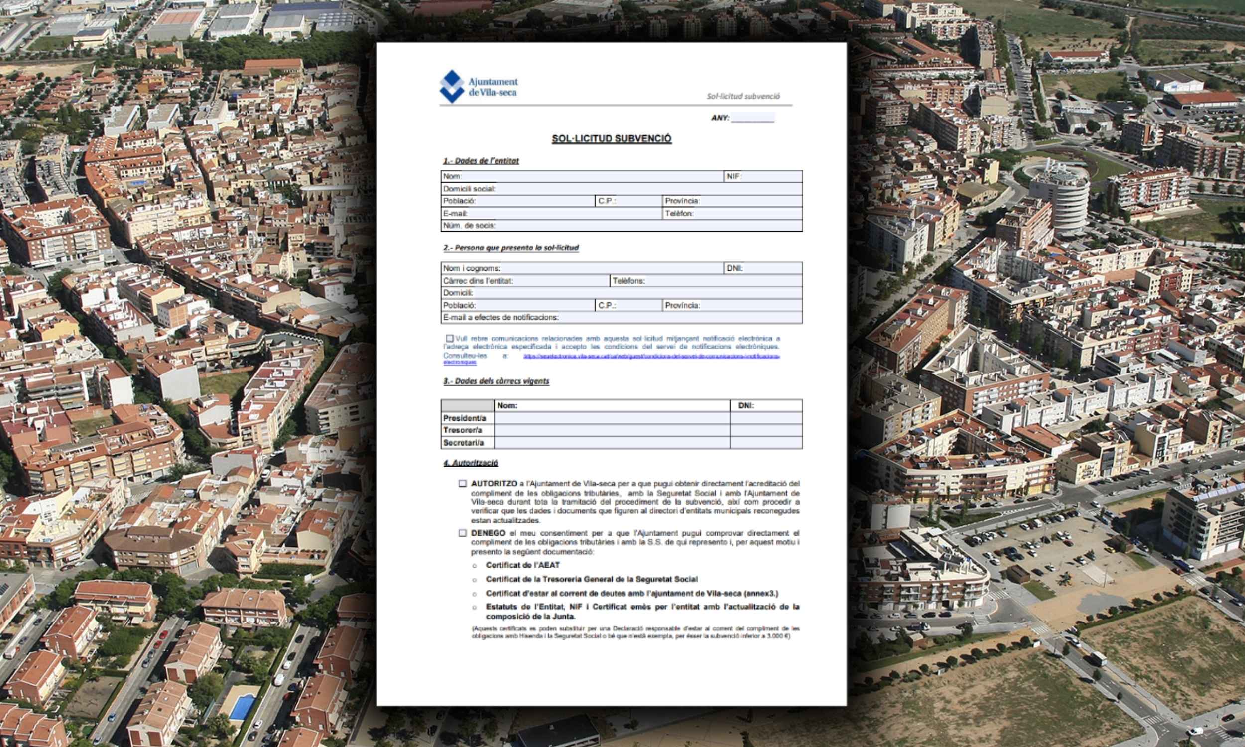 Formulario oficial de solicitud de la ayuda al alquiler de vivienda 2025 del Ayuntamiento de Vila-seca sobre vista aérea del municipio.