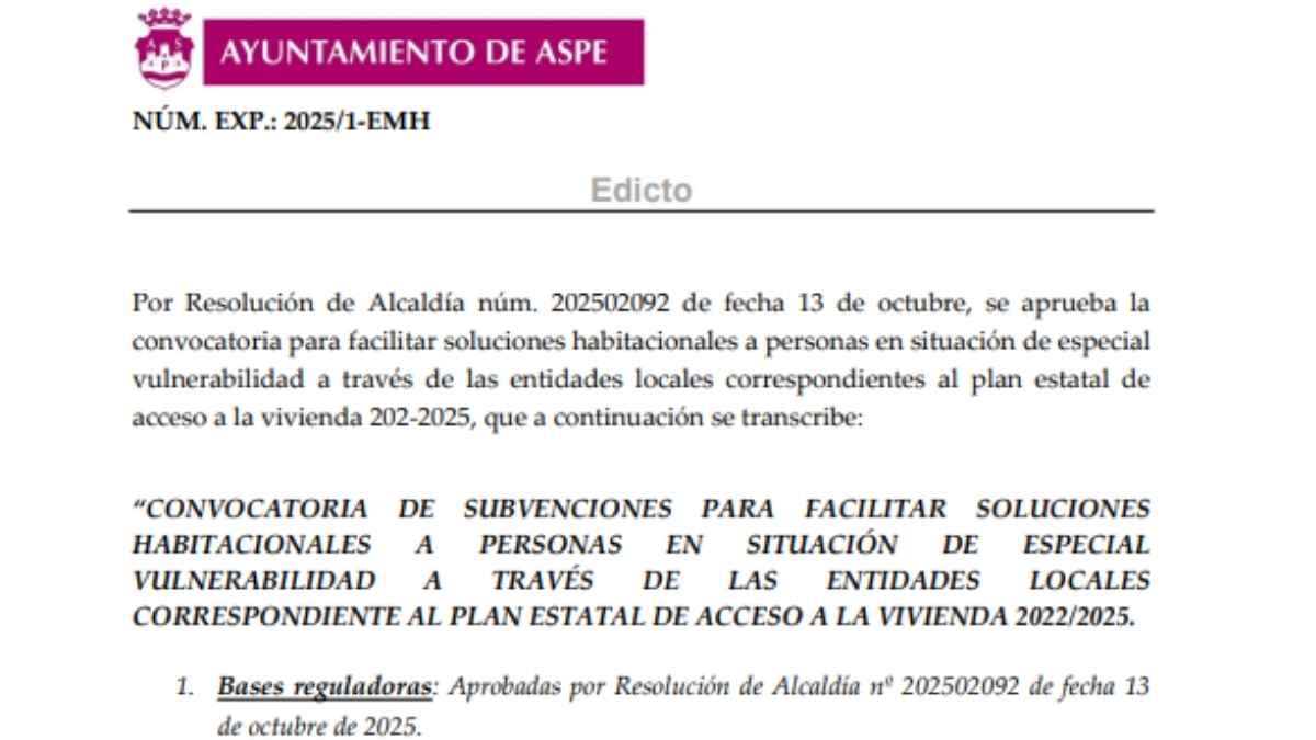 Edicto del Ayuntamiento de Aspe sobre las ayudas para alojamiento habitacional de hasta 800 euros destinadas a personas vulnerables en Alicante.