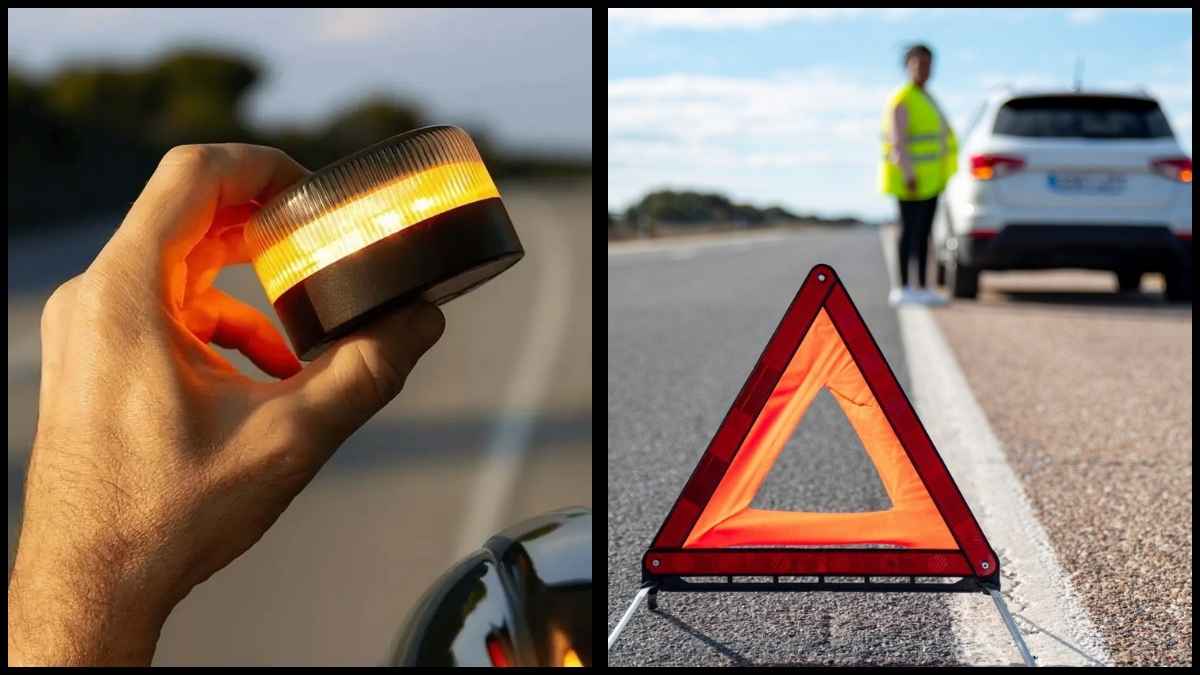 Mano sosteniendo baliza v16 y triangulo de emergencia en carretera