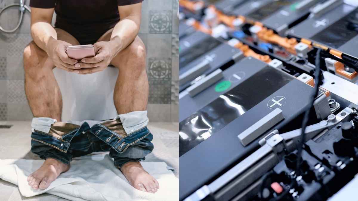 Persona sentada en el inodoro usando un móvil junto a baterías de coche eléctrico en una imagen comparativa