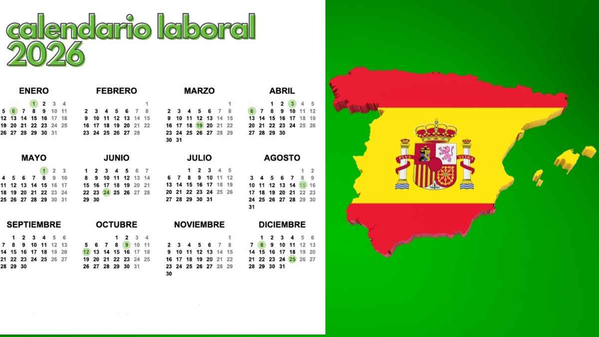 Calendario laboral 2026 con festivos y puentes y mapa de España destacado en color