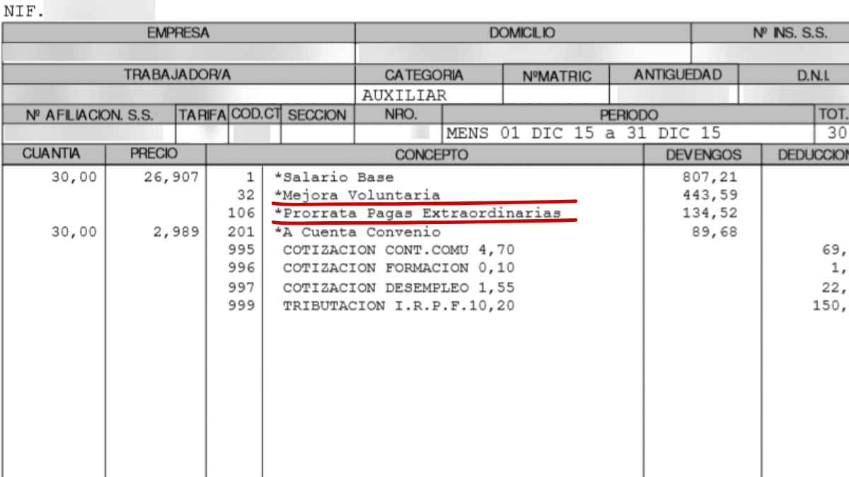 Trabajador revisa una nómina con el prorrateo de pagas extraordinarias marcado en el salario mensual