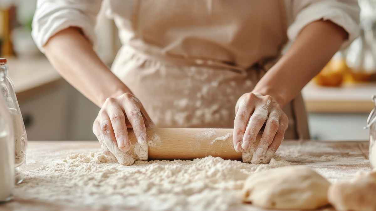 Manos de una panadera amasando masa sobre una mesa con harina