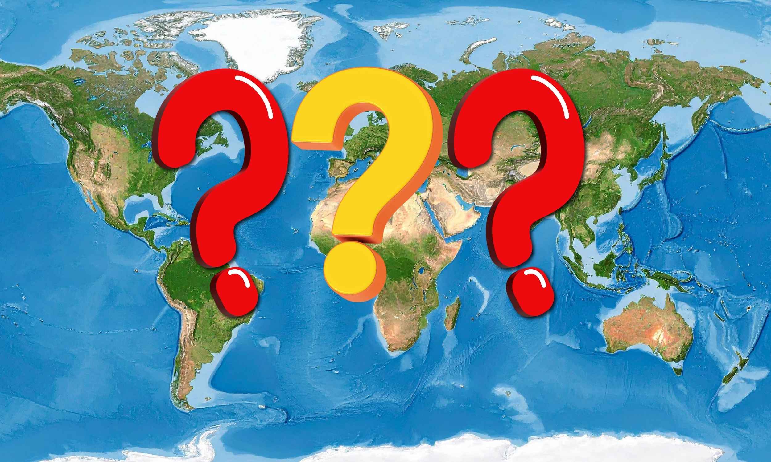 Mapa del mundo con signos de interrogación representando el país donde los españoles encuentran oportunidades laborales y mejores salarios