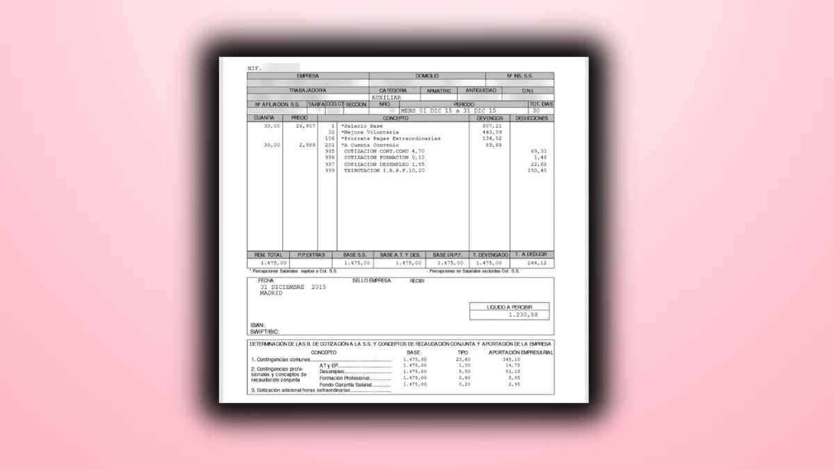 Ejemplo de nómina con desglose de conceptos salariales y deducciones