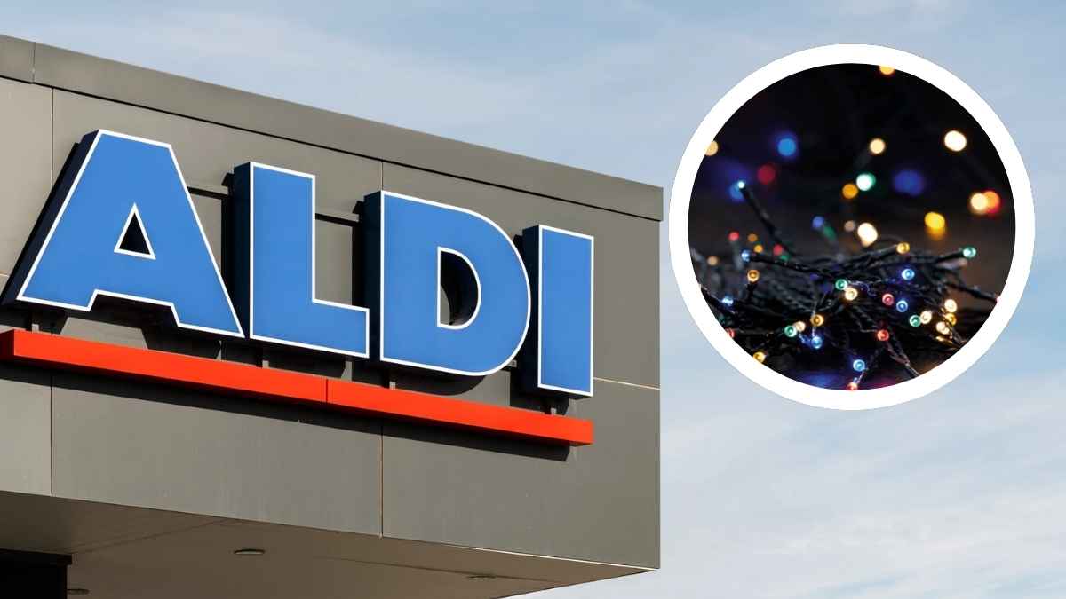 Fachada de supermercado Aldi junto a guirnalda solar LED multicolor para decoración de Navidad disponible por 7,99 euros.