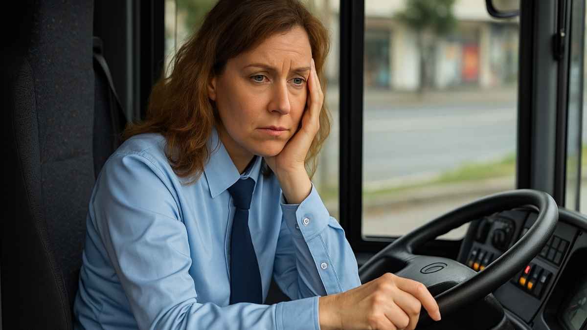 Mujer conductora de autobús con gesto cansado tras obtener pensión por incapacidad permanente
